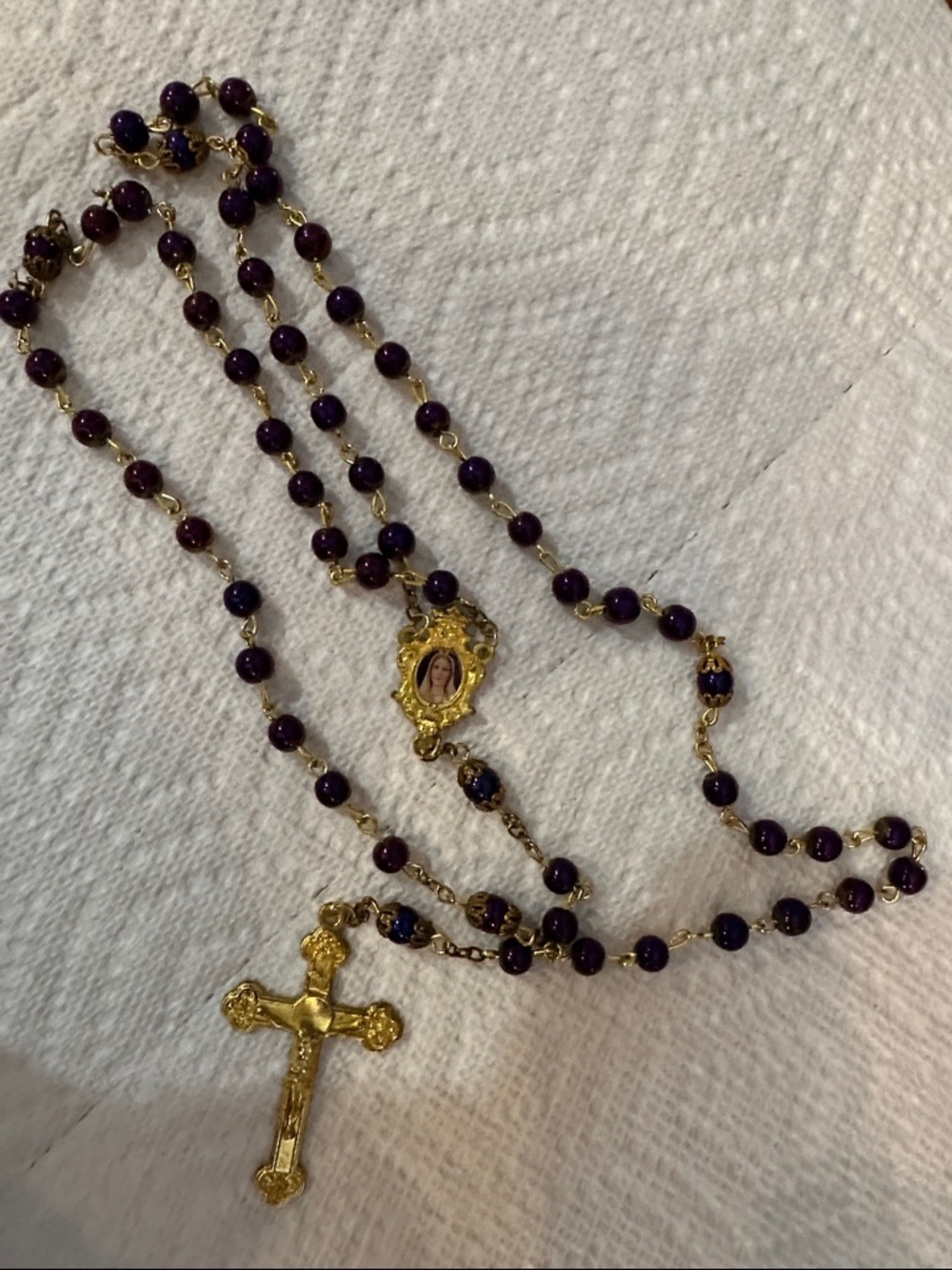 Gold-Tone Purple Bead Rosary Necklace